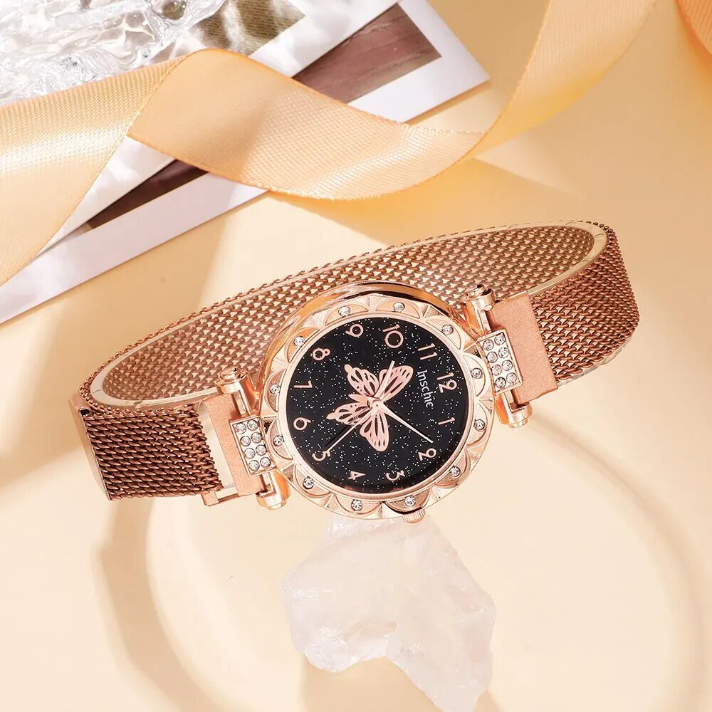 Rose Gold Luxury Watch Women Ring Necklace Earring Rhinestone Fashion Wristwatc image 6