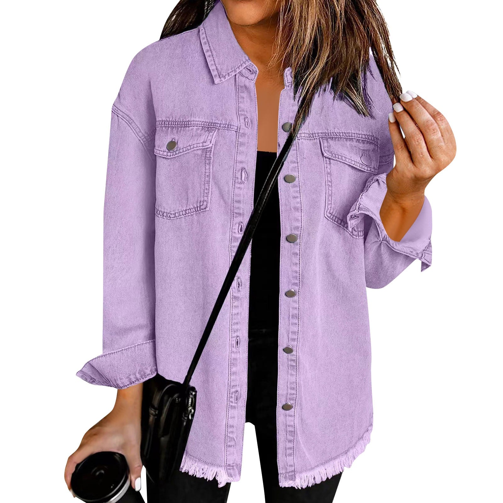 Women'S Fashion Denim Shirt Jacket Milled Hem Button Casual Long Sleeve Jacket  image 0