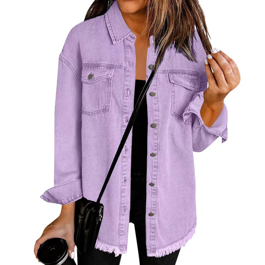 Women'S Fashion Denim Shirt Jacket Milled Hem Button Casual Long Sleeve Jacket  image 0