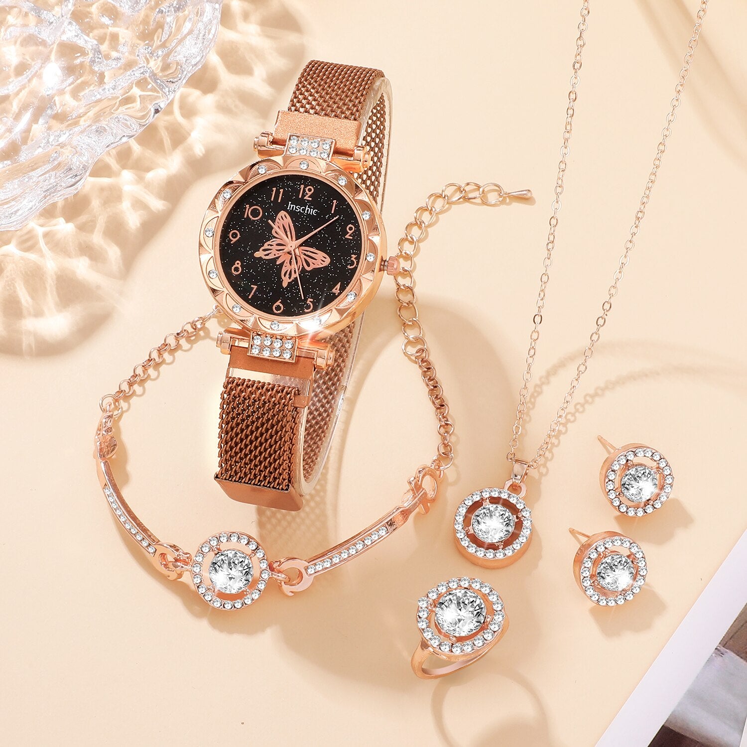 Rose Gold Luxury Watch Women Ring Necklace Earring Rhinestone Fashion Wristwatc image 2