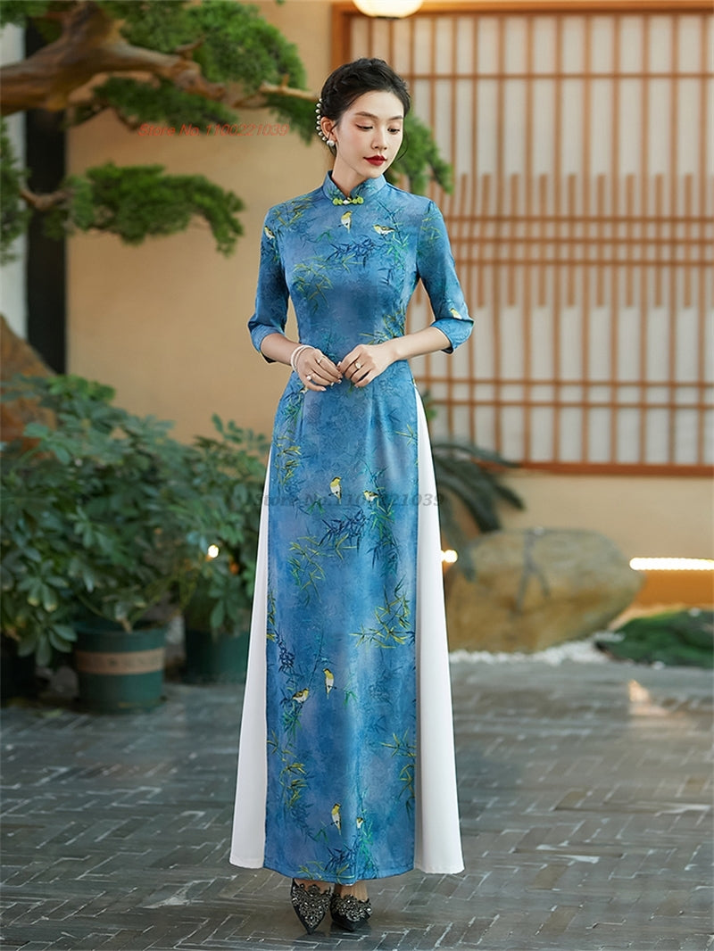 2024 vietnam traditional dress improved qipao national flower print vietnam ao  image 2