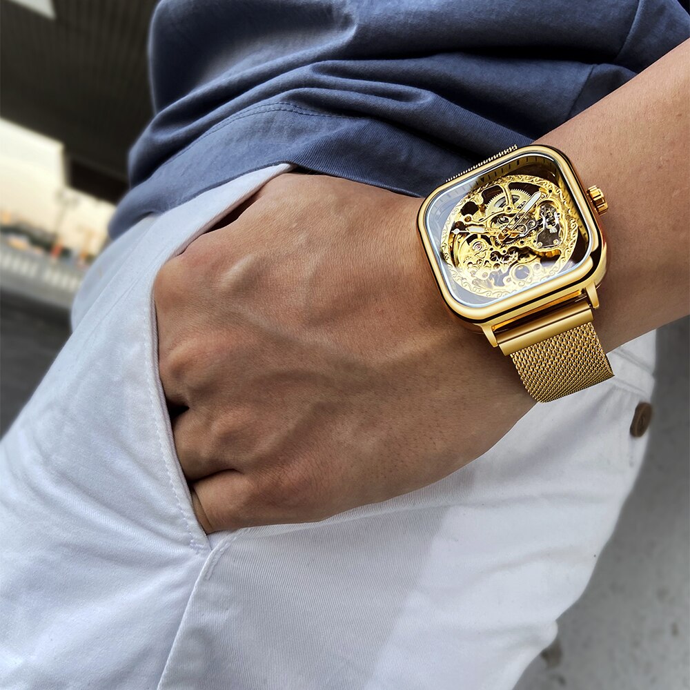 Forsining Golden Men Automatic Watch Square Skeleton Mesh Steel Band Mechanical image 4