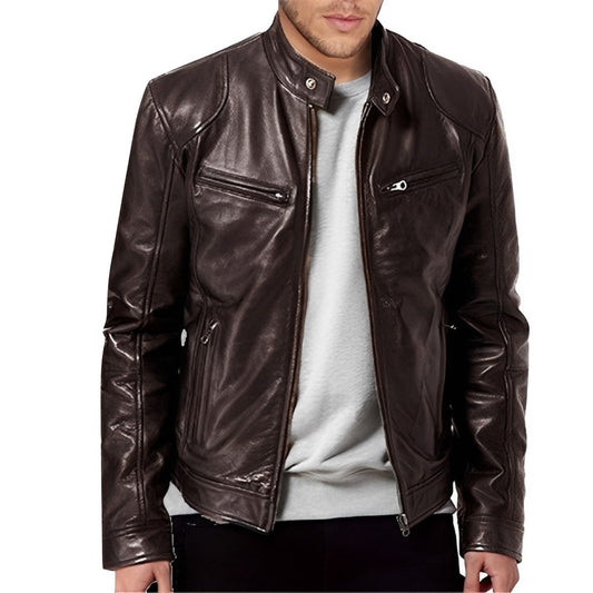 Vintage Men's Autumn And Winter Leather Jacket Plus Velvet Stand Collar Zip Up  image 0