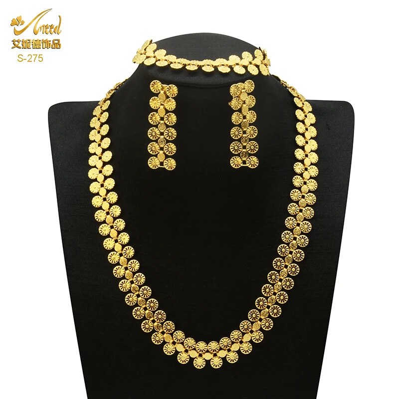Indian Gold Plated Jewelry Set For Women African Bridal 24K Gold Color Necklace image 29