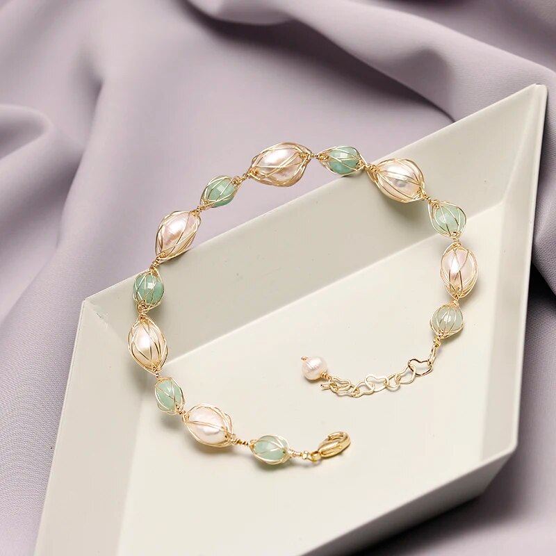 Original Handmade 14K Gold Filled Baroque Natural Freshwater Pearl Jade Lady Br image 5