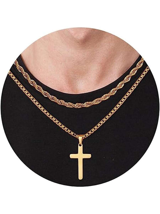 1pc Ursteel Men's Cross Necklace, Stainless Steel Silver/black/gold Layered Rop image 0
