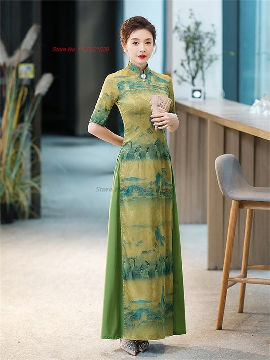 2024 traditional vietnam vintage dress aodai national flower print folk dress c image 0