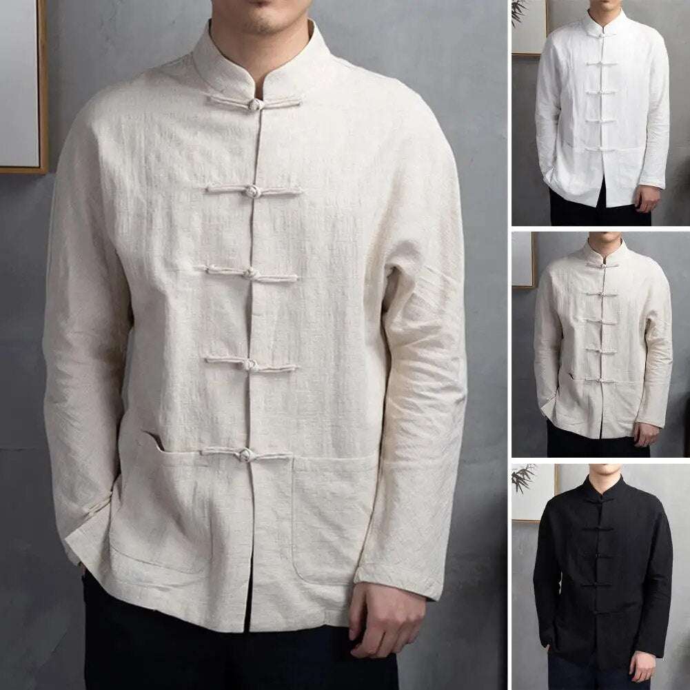 Men Autumn Chinese Style Shirt Top Mandarin Collar Long Sleeve Shirt Traditiona image 3