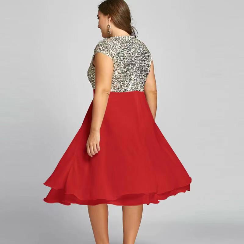 Vestido midi de talla grande para mujer, sin mangas, con parches, para fiesta, con lentejuelas