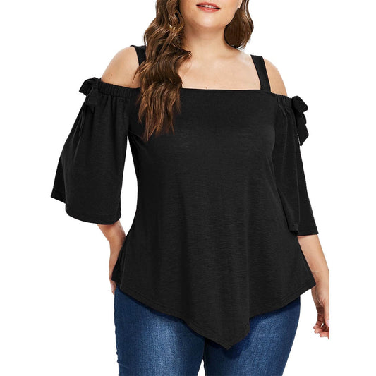 Camisetas de talla grande para mujer, blusas casuales asimétricas con hombros descubiertos y lazo