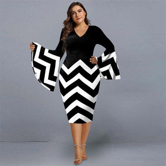 Vestidos de primavera con cuello redondo, mangas acampanadas y patchwork geométrico para tallas grandes para gorditas
