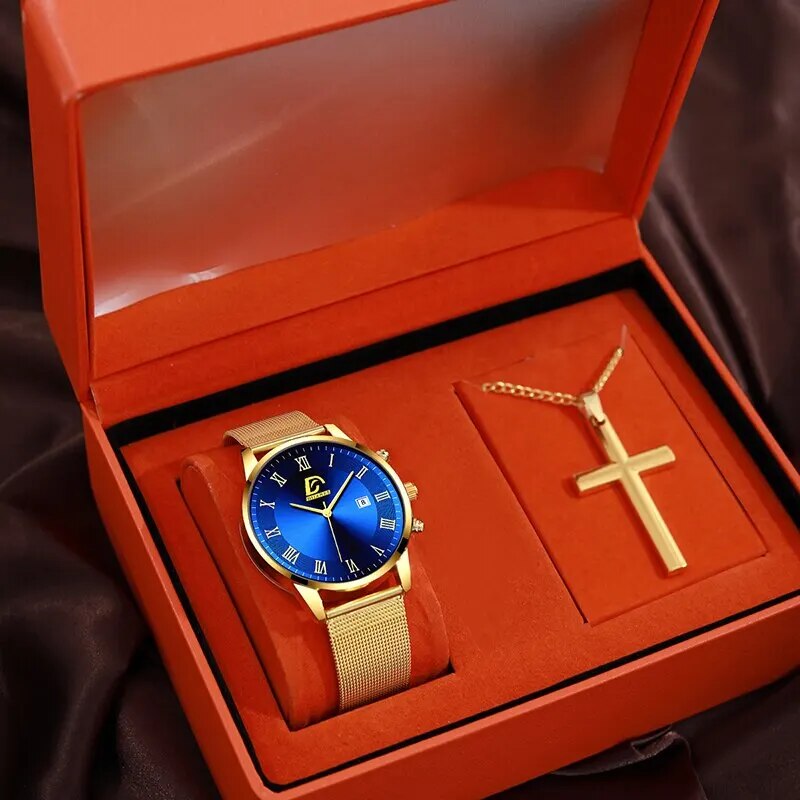 2PCS Set Fashion Mens Calendar Watches Luxury Men Business Gold Stainless Steel image 3
