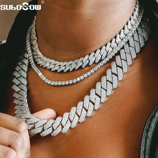 Hip Hop Men Iced Out Chain Prong Rhombus Cuban Link Necklace 14/20MM width Gold image 0