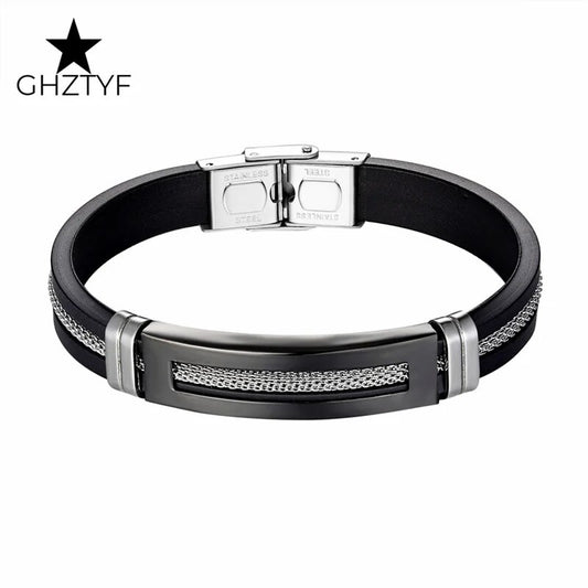 Golden Chain Stainless Steel Bracelets for Men Women Teens Black Rubber Belt Wr image 0
