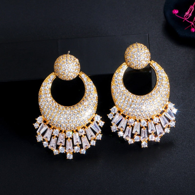 CWWZircons Nigerian Wedding 3 Tone Gold Plated Big Drop Earrings Shiny CZ Micro image 2