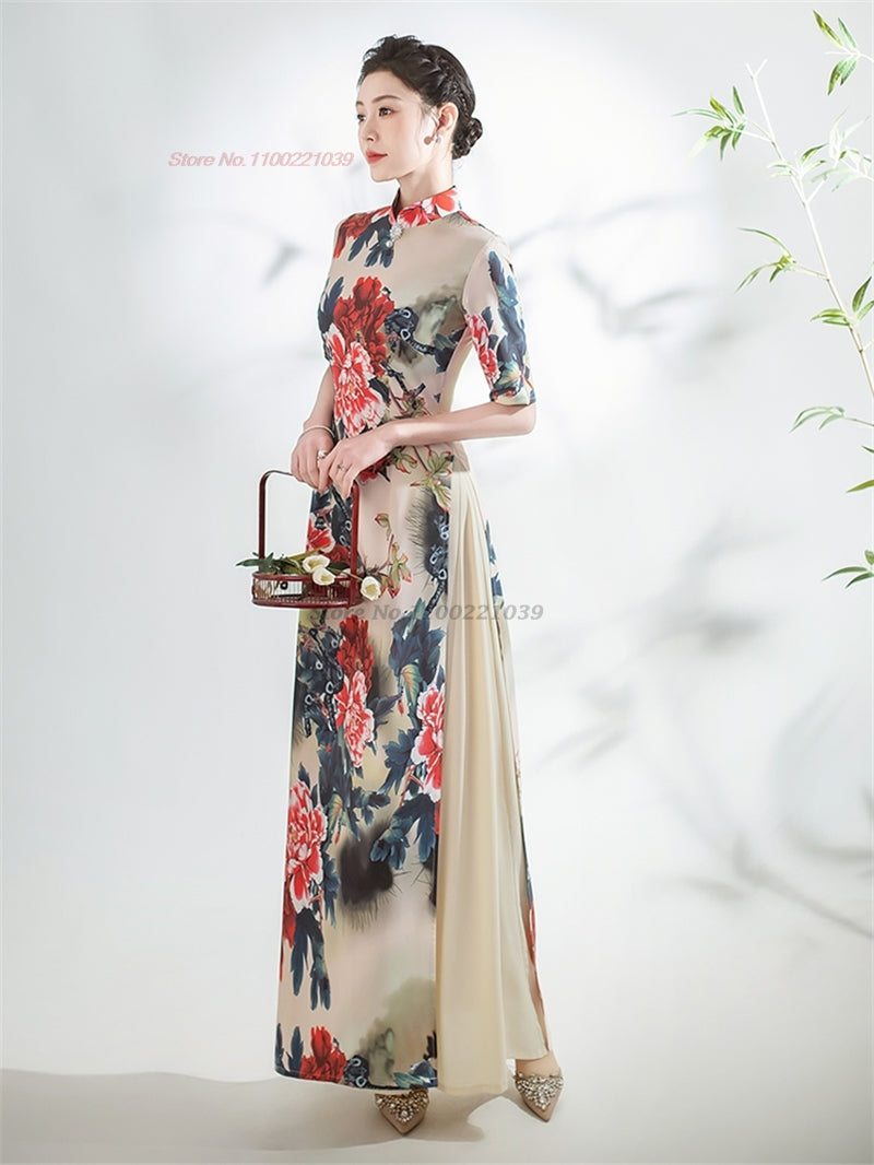 2024 chinese improved qipao dress vintage flower print cheongsam vietnam ao dai image 1