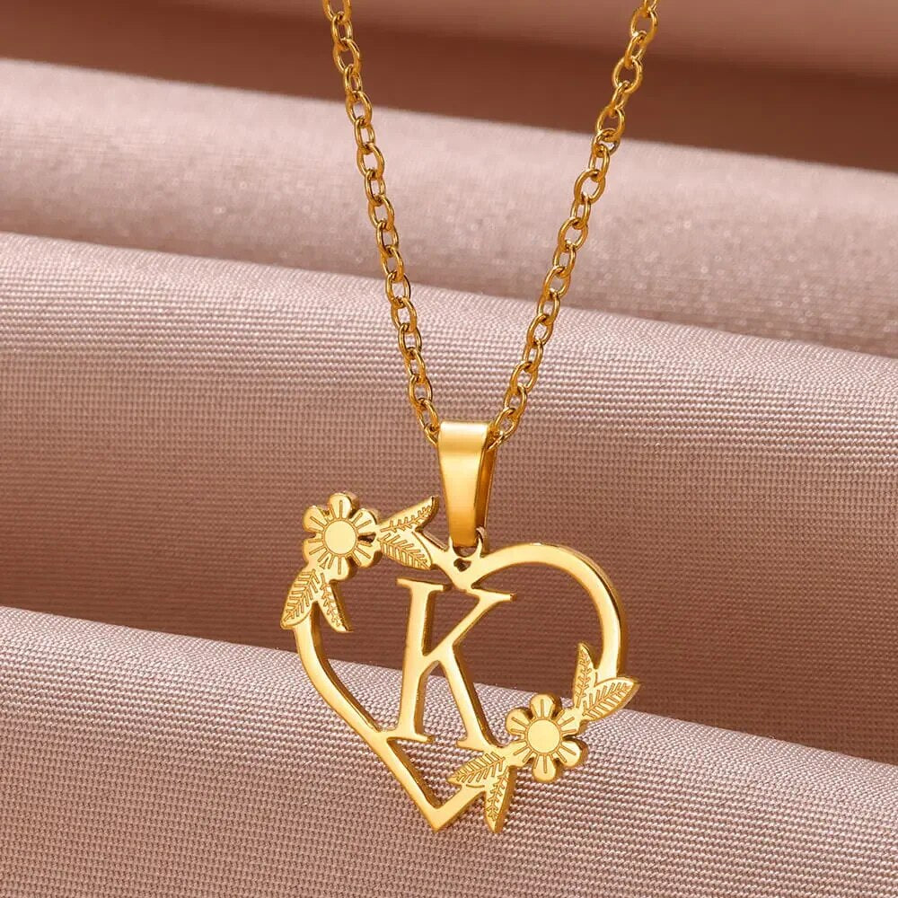 Gold Color Dainty Flower Initials Necklace Women Girl Stainless Steel Heart Let image 0