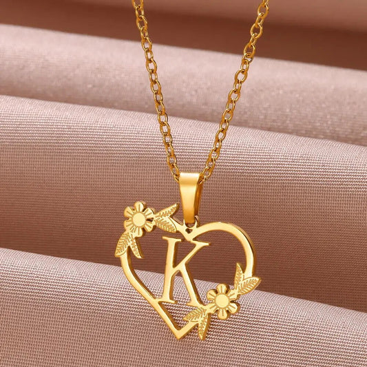 Gold Color Dainty Flower Initials Necklace Women Girl Stainless Steel Heart Let image 0