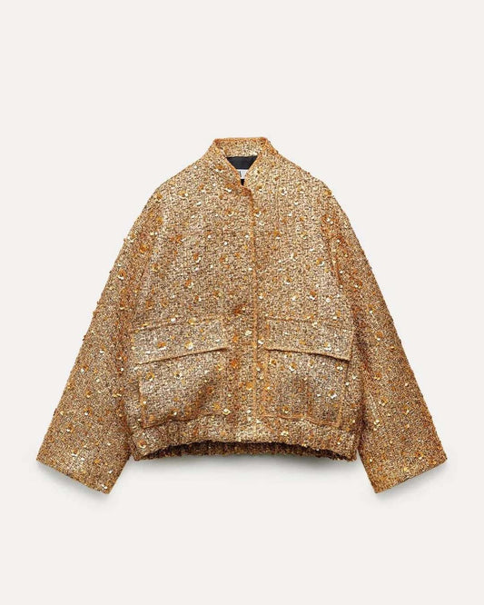 Sequin women shinny croped Jacket For Women Stand Collar Long Sleeve Coat Gold  image 0