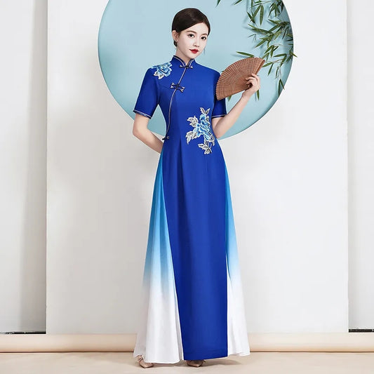 2024 Ao Dai Cheongsam Folk Style Vietnam Chiffon Aodai Elegant Women Flower Emb image 0