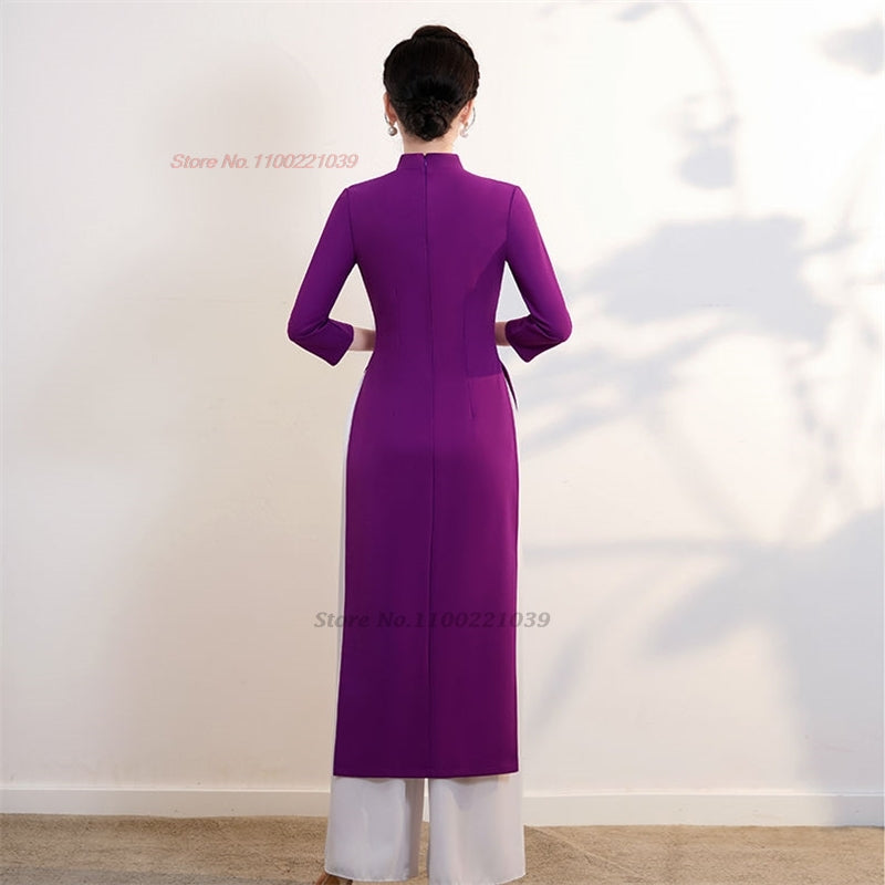 2024 vietnam vintage dress national flower embroidery oriental qipao dress+pant image 2