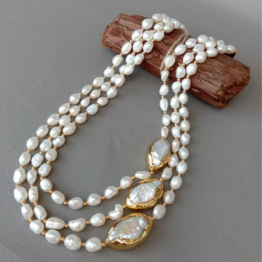 Y·YING 20" 3 rows Cultured Baroque Pearl Necklace Keshi Pearl Gold color Plated image 5