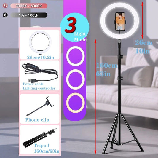 10" LED Selfie Ring Light  Circle Fill Light Dimmable Round Lamp Tripod Trepied image 0