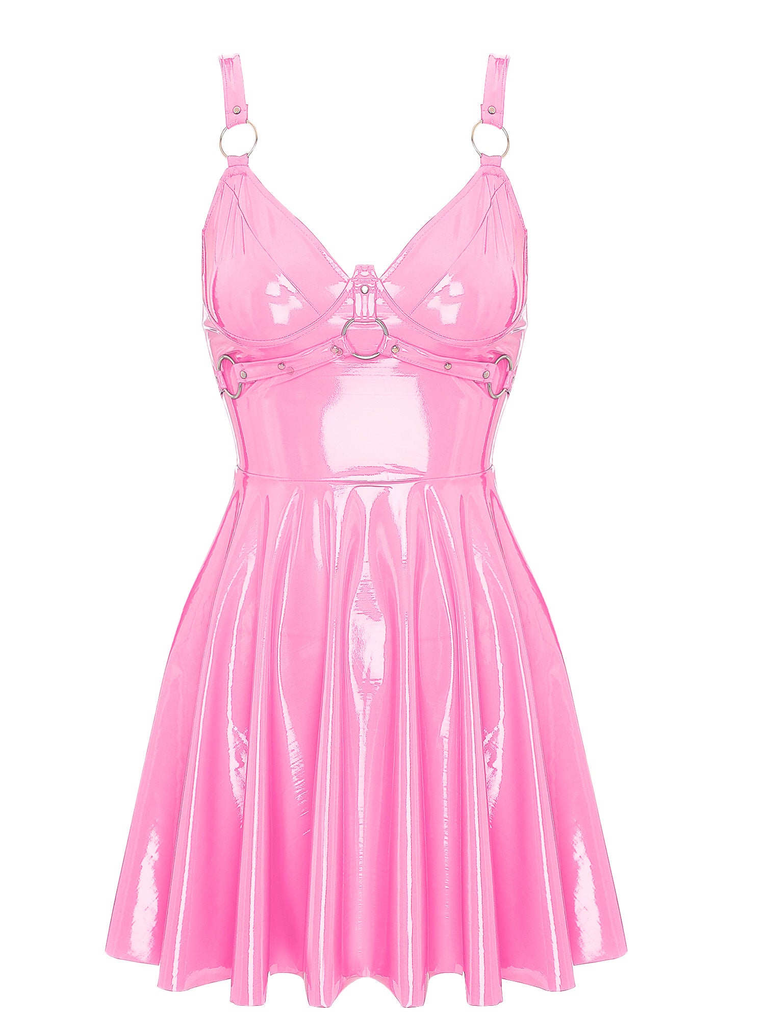 Womens Sexy Wet Look Patent Leather Slip Dress O-Ring Rivets Strappy V Neck Got image 6