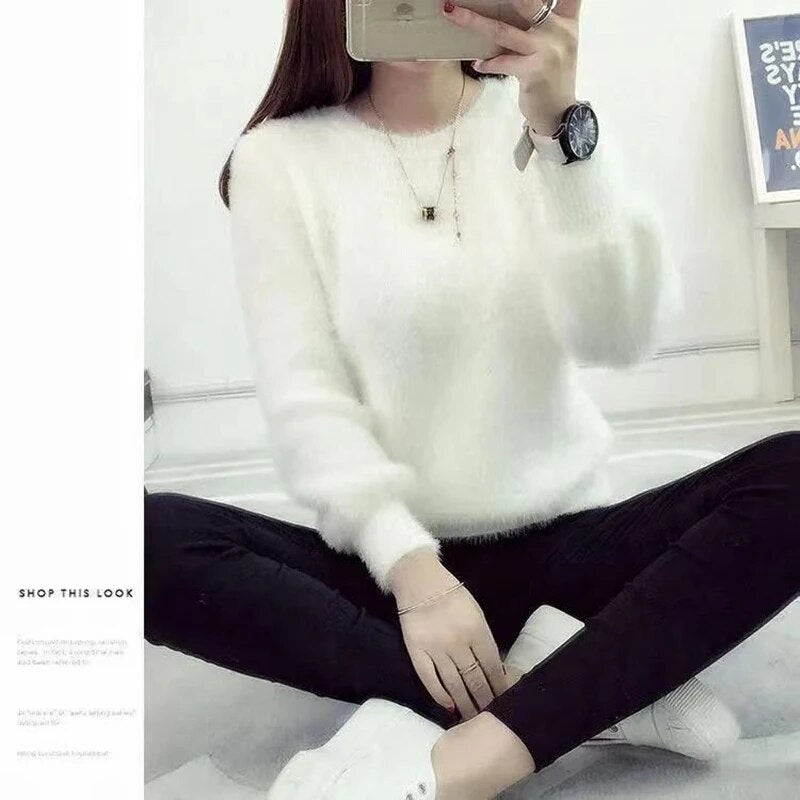 Winter Imitate Mink Wool Hot Fleecing Female Casual Sweater O-neck Long Puff Pi image 5