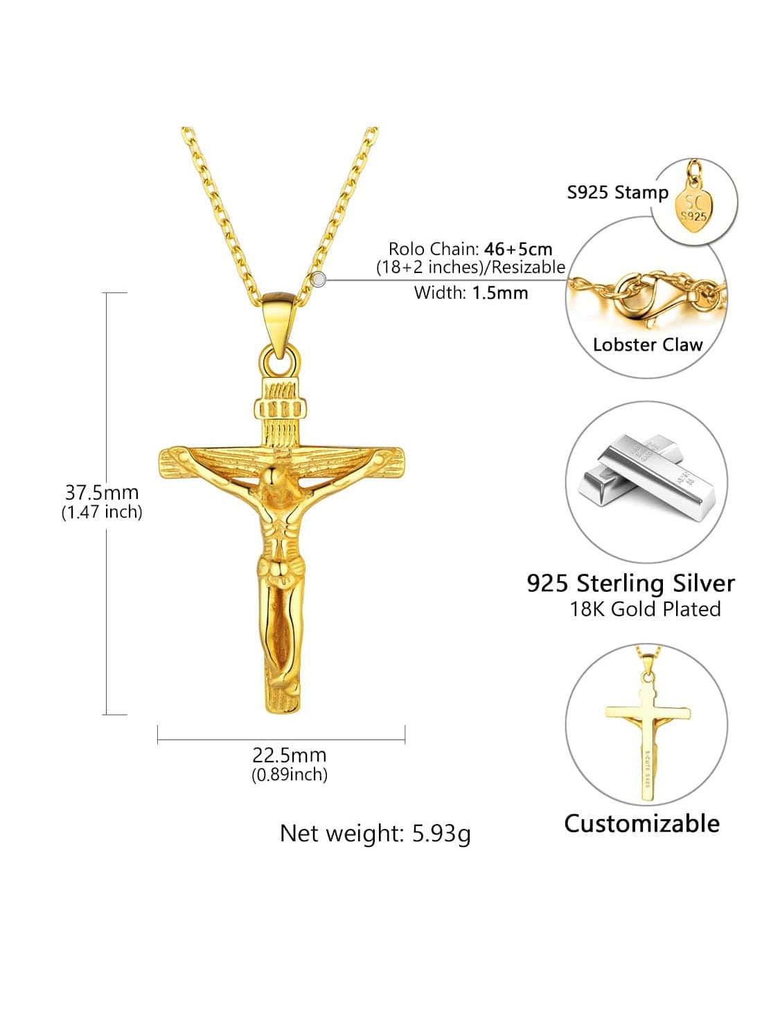 U7 Women Girls Jesus Necklace 925 Sterling Silver Gold Color INRI Cross Pendant image 12
