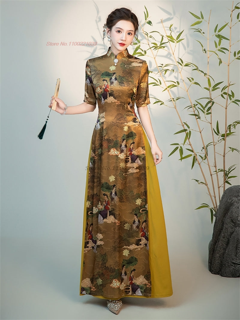 2024 vietnam traditional aodai dress chinese improved qipao national crane prin image 0