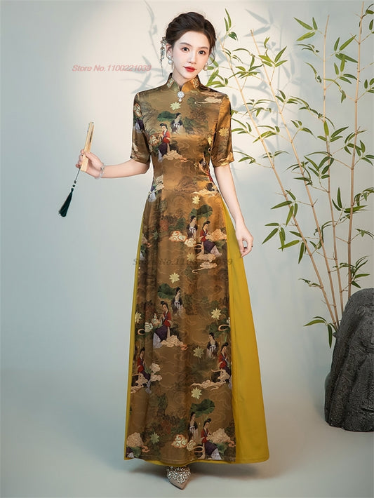 2024 vietnam traditional aodai dress chinese improved qipao national crane prin image 0