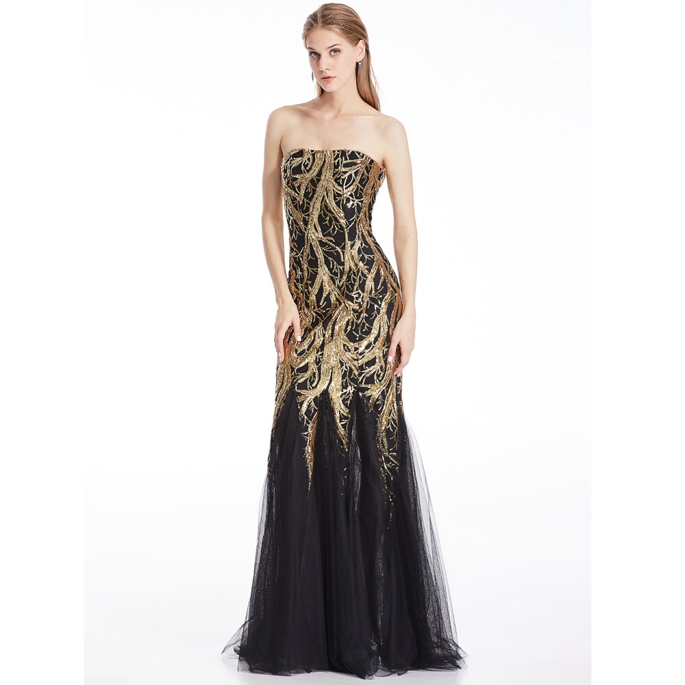 Angel-fashions Strapless Gold Sequin Zipper Side Evening Dresses Lace Up Back image 4