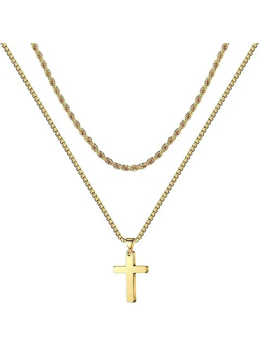 1pc Ursteel Men's Cross Necklace, Stainless Steel Silver/black/gold Layered Rop image 1
