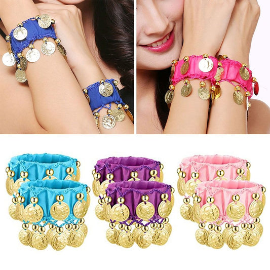 1 Pair Belly Dance Wrist Ankle Cuffs Bracelets Chiffon Gold Coin Belly Dance Co image 0