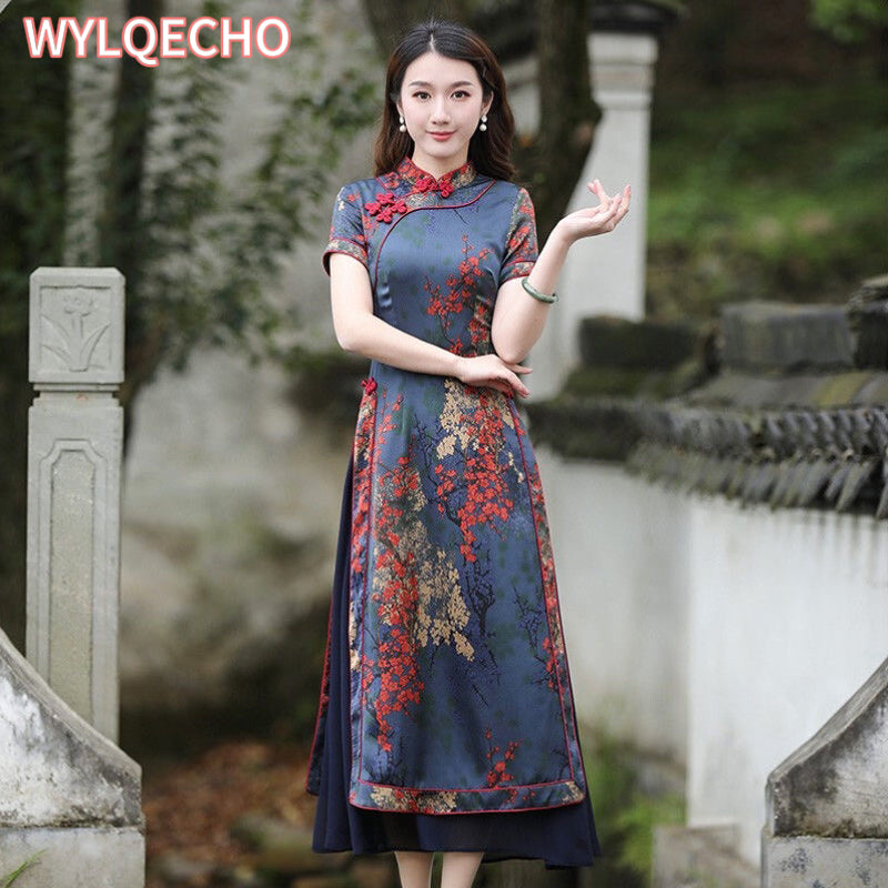 Vintage Vietnam Traditional Ao Dai Flower Print Chiffon Long Cheongsam Chinese  image 1