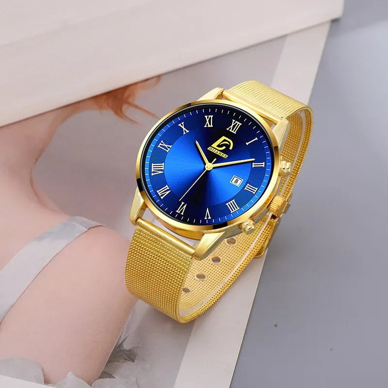 2PCS Set Fashion Mens Calendar Watches Luxury Men Business Gold Stainless Steel image 7