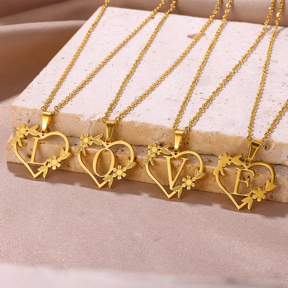 Gold Color Dainty Flower Initials Necklace Women Girl Stainless Steel Heart Let image 29
