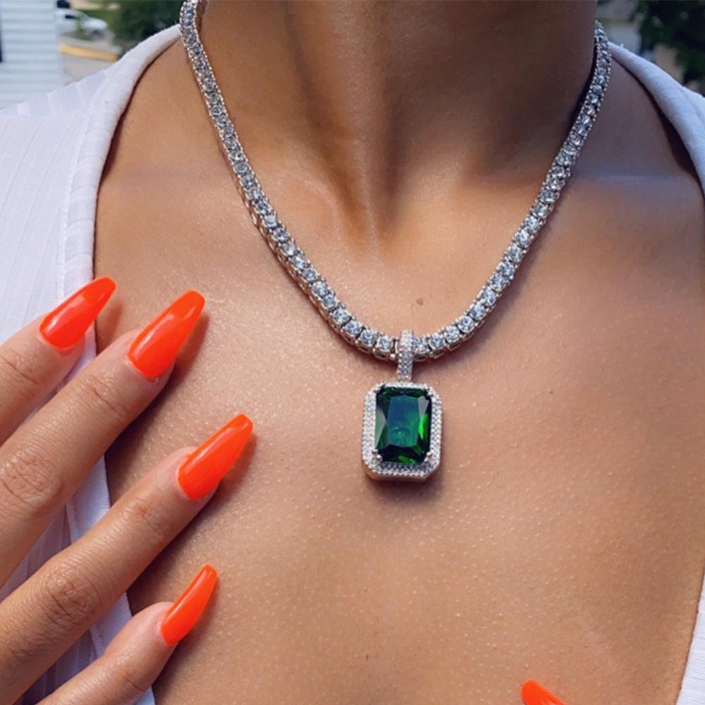Stonefans Crystal Green Pendant Necklace Men Gold Silver Color Hip Hop Iced image 4