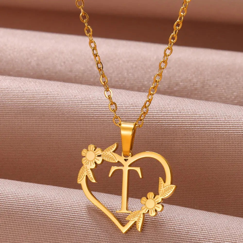 Gold Color Dainty Flower Initials Necklace Women Girl Stainless Steel Heart Let image 20
