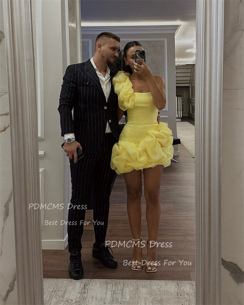 Modern One Shoulder Yellow Short Cocktail Dresses Mermaid Birthday Party Dress  image 2