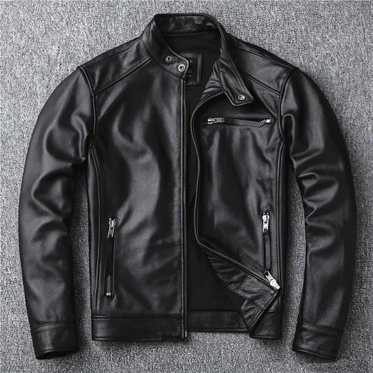 Free shipping.classic motor style,black genuine leather Jacket,fashion men casu image 0