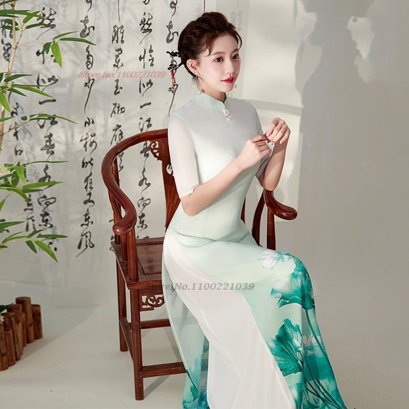 2024 vietnam aodai dress traditional chinese vintage qipao dress women flower p image 3