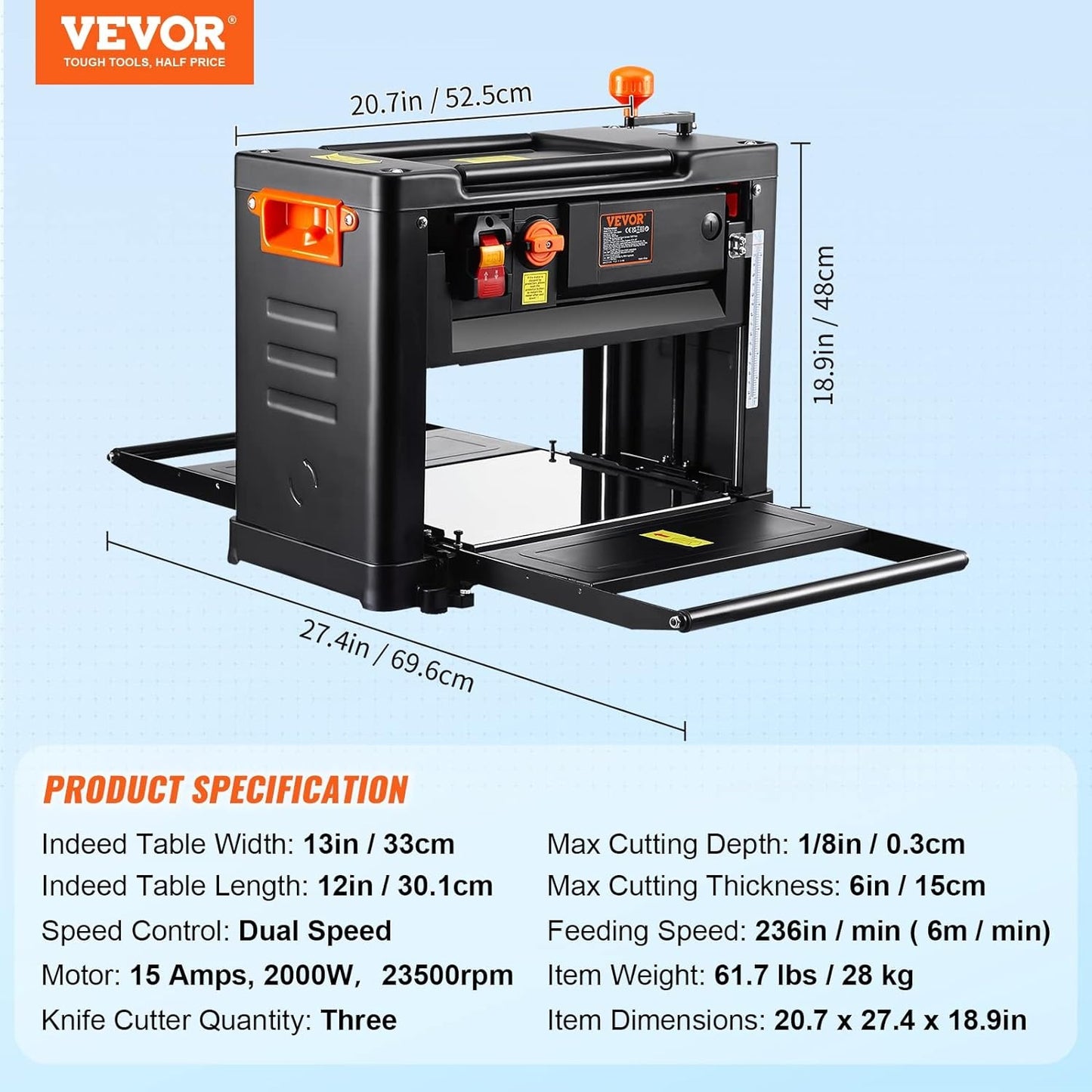 VEVOR Thickness Planer, Two Speed, 13" W Benchtop Planer, Three-Blade, 15-A 200 image 4
