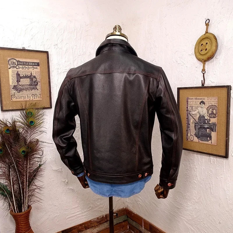 Free shipping.Popular vintage casual style genuine leather jacket.Cheap men sli image 3