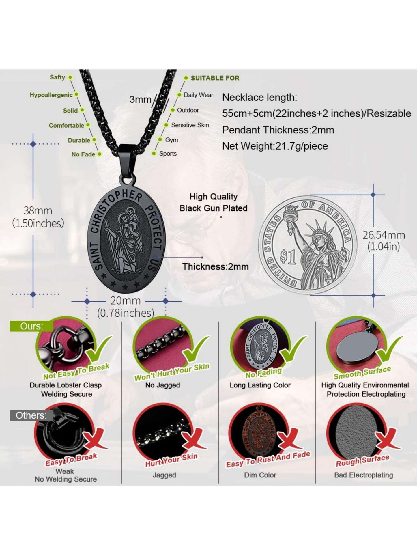 FaithHeart Saint Christopher Necklace for Men Women Stainless Steel/Gold/Black  image 10