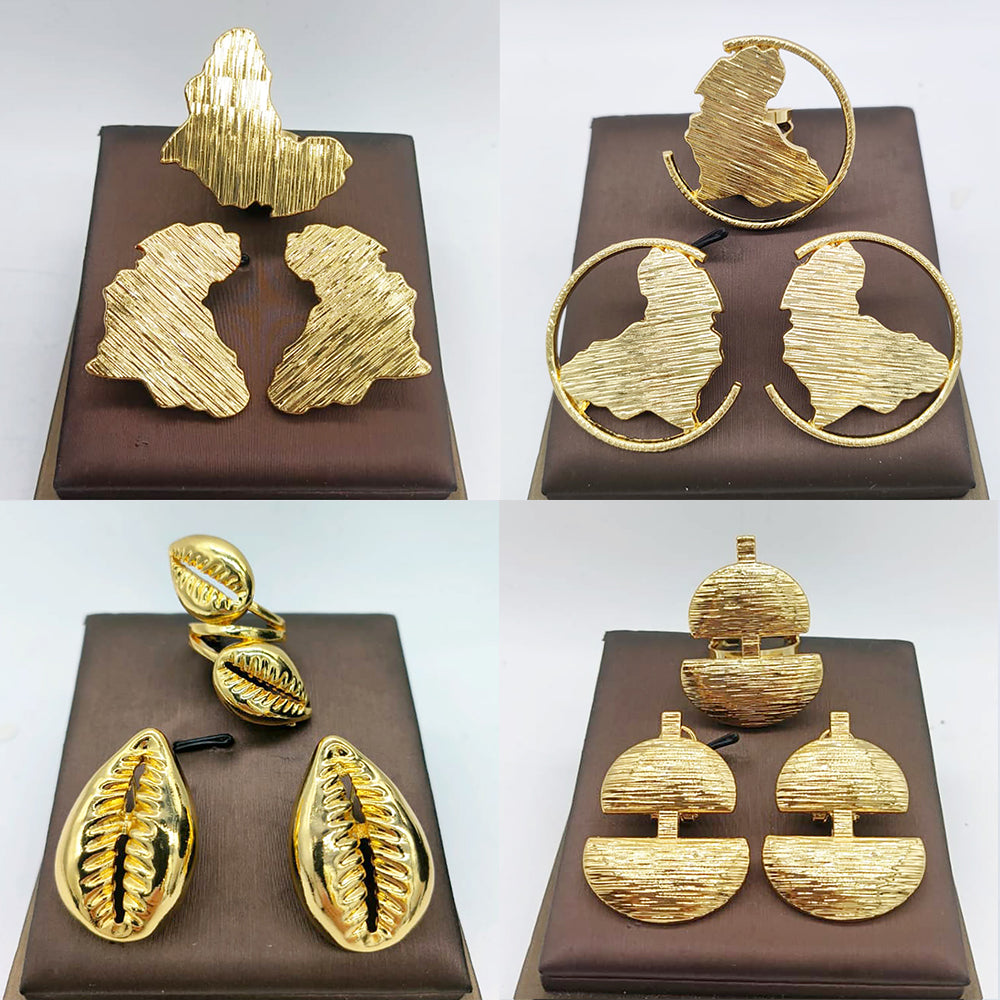 Dubai Golden Jewelry Set 18K Gold Plated Earrings and Rings for Women Wedding B image 0