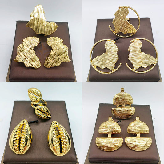 Dubai Golden Jewelry Set 18K Gold Plated Earrings and Rings for Women Wedding B image 0