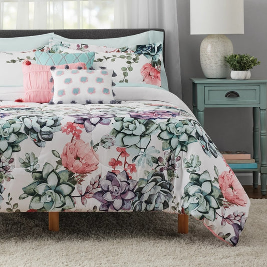 Mainstays White Floral 10 Piece Bed in a Bag Comforter Bedding Set with Sheets image 0