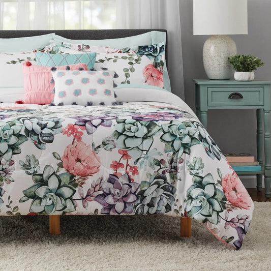 Mainstays White Floral 10 Piece Bed in a Bag Comforter Bedding Set with Sheets image 0